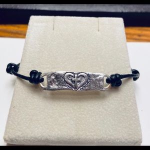 Silver and leather heart/cross bracelet